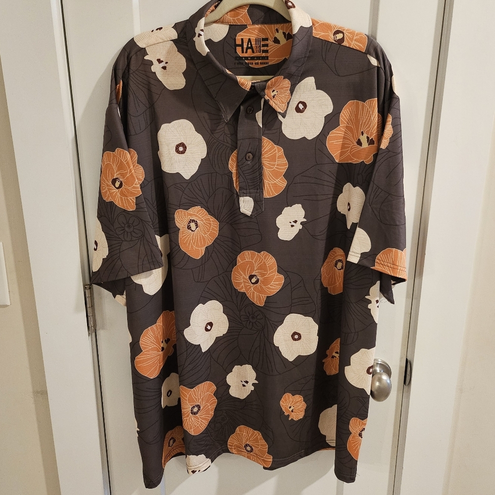 Hae Hawaii Performance Hawaiian Polo Shirt - Brown, Cream & Orange Size 3XL